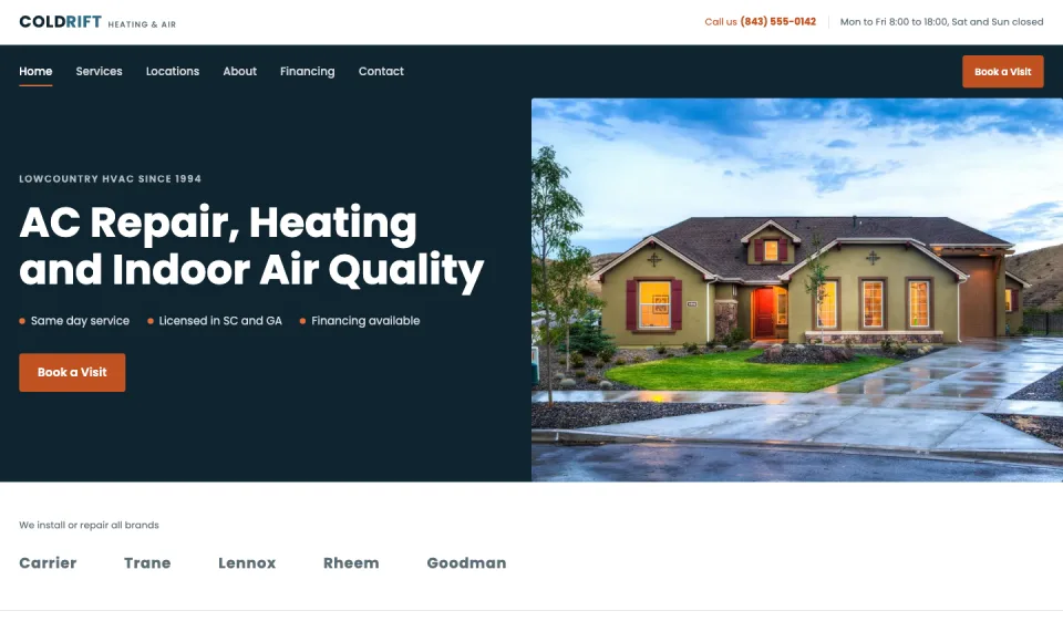 The Coldrift home page, an HVAC services site