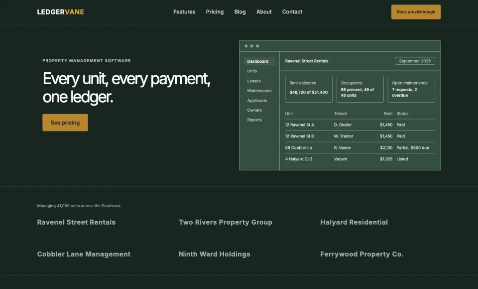 The Ledgervane home page, a property management platform site